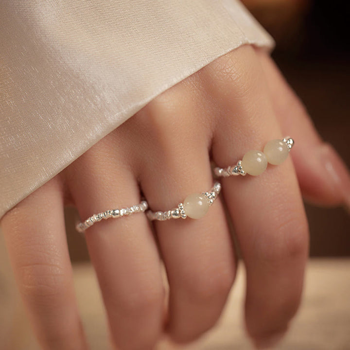 Buddha Stones 925 Sterling Silver Natural Small Hetian Jade Bead Luck Elastic Ring - image 0