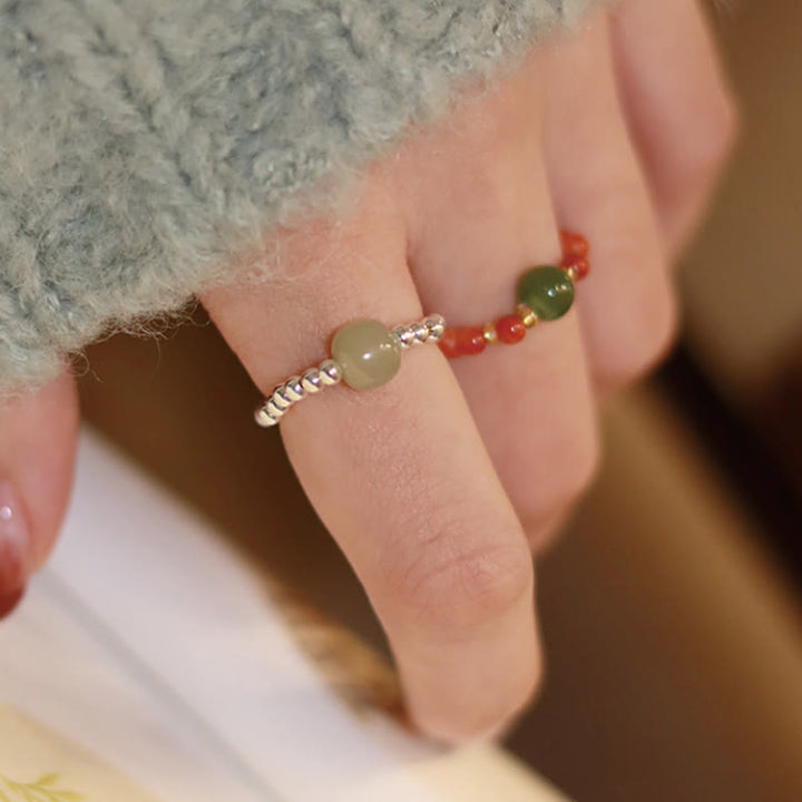 Buddha Stones 925 Sterling Silver Natural Small Hetian Jade Red Agate Pearl Bead Prosperity Elastic Ring - image 3