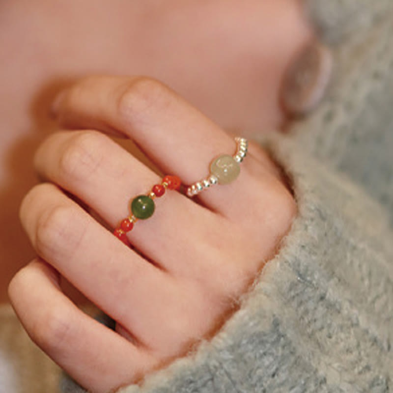 Buddha Stones 925 Sterling Silver Natural Small Hetian Jade Red Agate Pearl Bead Prosperity Elastic Ring - image 13