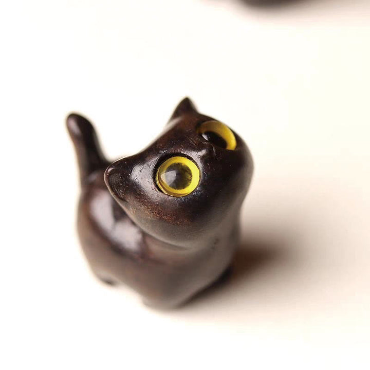 Buddha Stones Green Sandalwood Ebony Wood Sandalwood Small Leaf Red Sandalwood Mini Lucky Cat Peace Decoration - Ebony Wood Yellow Eyes - image 7
