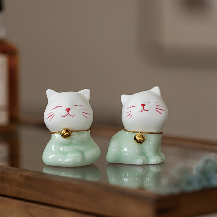 Buddha Stones Mini Lucky Cute Cat Light Green White Ceramic Figurine Decoration - image 19