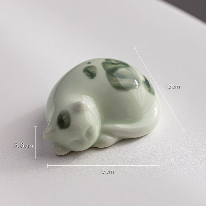 Buddha Stones Mini Lucky Cute Spotted Standing Cat Sleeping Kitten Ceramic Figurine Decoration - Green Sleeping Cat 8*6*3.3cm - image 17