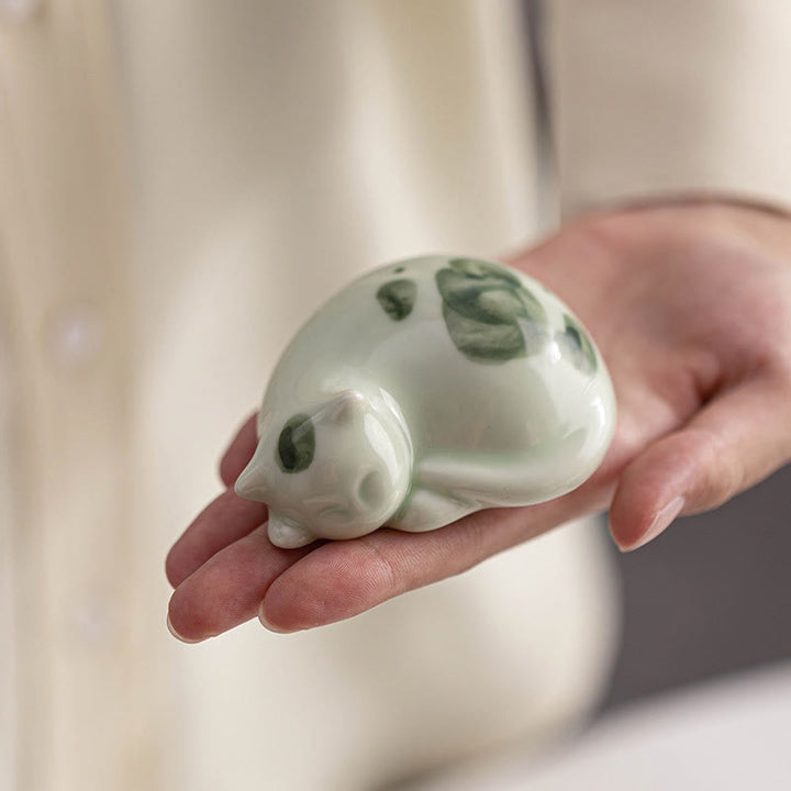 Buddha Stones Mini Lucky Cute Spotted Standing Cat Sleeping Kitten Ceramic Figurine Decoration - image 19