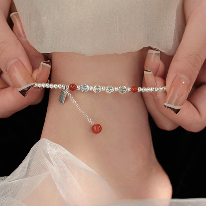Buddha Stones 925 Sterling Silver Small Beads Red Agate Peace And Joy Blessing Anklet - Silver Anklet(Circumference 18-22cm) - image 0