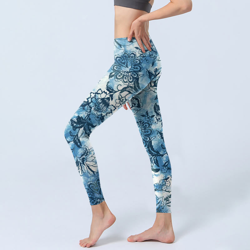 Buddha Stones Peony Chrysanthemum Print Gym Leggings Women's Yoga Pants - image 3