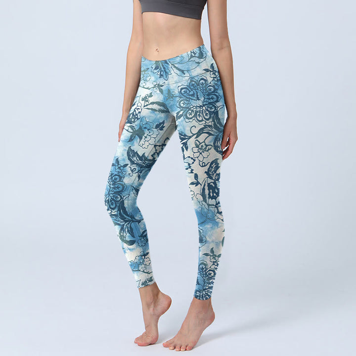 Buddha Stones Peony Chrysanthemum Print Gym Leggings Women's Yoga Pants - DodgerBlue - US18，UK/AU22，EU50 (4XL) - image 0