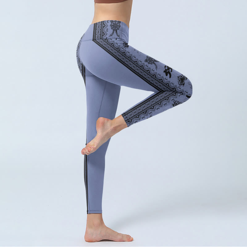 Buddha Stones Blue Stitching Sanskrit Word Om Lotus Pattern Print Gym Leggings Women's Yoga Pants - image 4