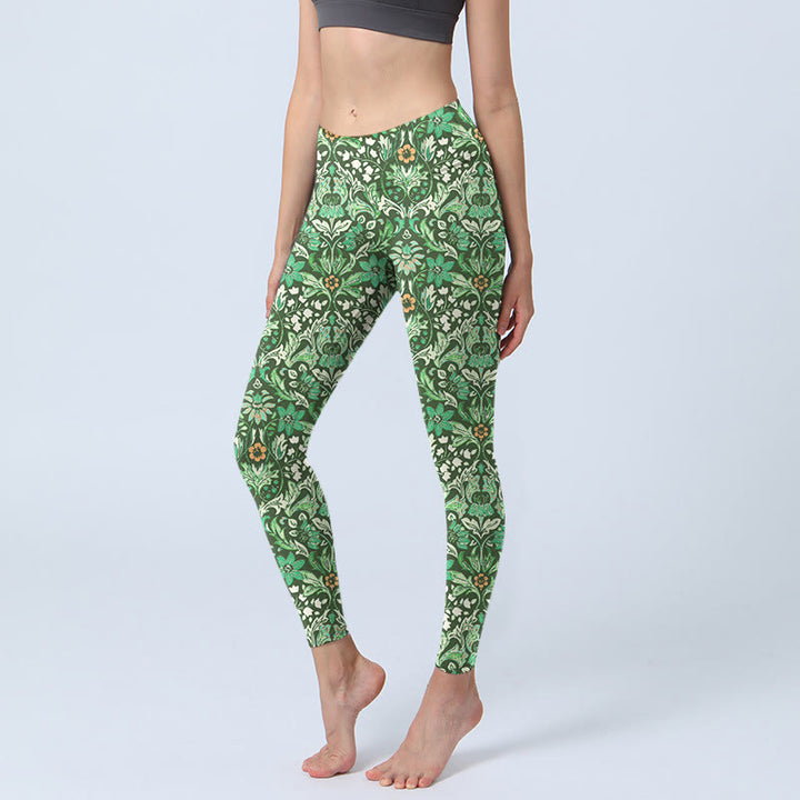 Buddha Stones Green Stitching Symmetrical Flower Leaf Pattern Print Gym Leggings Women's Yoga Pants - Green - US18，UK/AU22，EU50 (4XL) - image 0