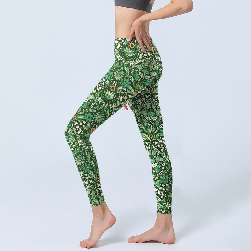 Buddha Stones Green Stitching Symmetrical Flower Leaf Pattern Print Gym Leggings Women's Yoga Pants - image 2
