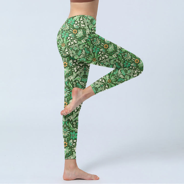 Buddha Stones Green Stitching Symmetrical Flower Leaf Pattern Print Gym Leggings Women's Yoga Pants - image 4