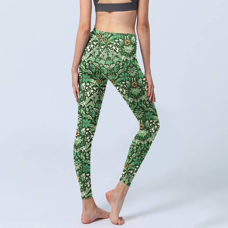 Buddha Stones Green Stitching Symmetrical Flower Leaf Pattern Print Gym Leggings Women's Yoga Pants - image 5