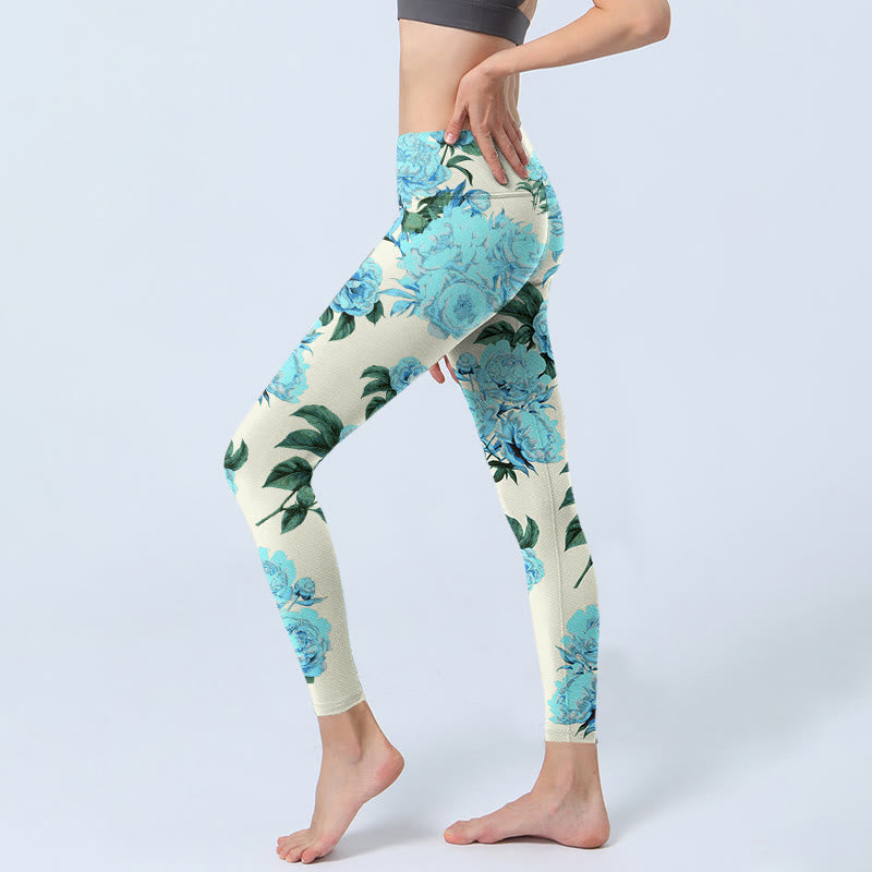Buddha Stones White Stitching Peony Flowers Leaves Pattern Print Gym Leggings Women's Yoga Pants - image 2