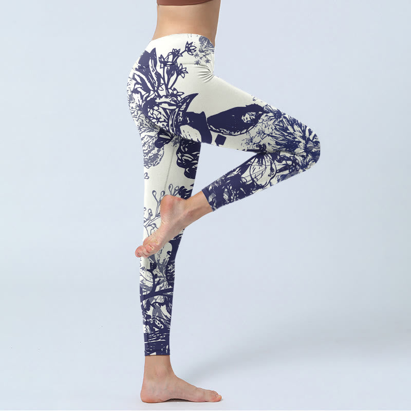 Buddha Stones White Stitching Flowers Leaves Birds Butterfly Pattern Print Gym Leggings Women's Yoga Pants - image 5