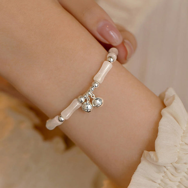 Buddha Stones 925 Sterling Silver Natural White Jade Bamboo Bell Charm Luck Happiness Bracelet - image 5