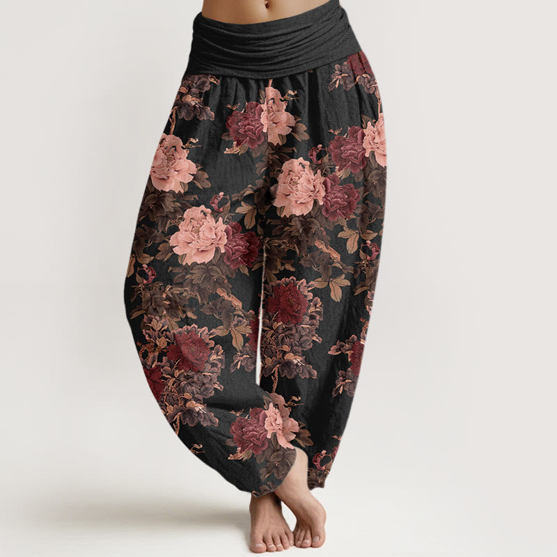 Buddha Stones Casual Lush Peony Flowers Leaf Pattern Women's Elastic Waist Harem Pants - Black - US22，UK/AU26，EU54 (6XL) - image 1