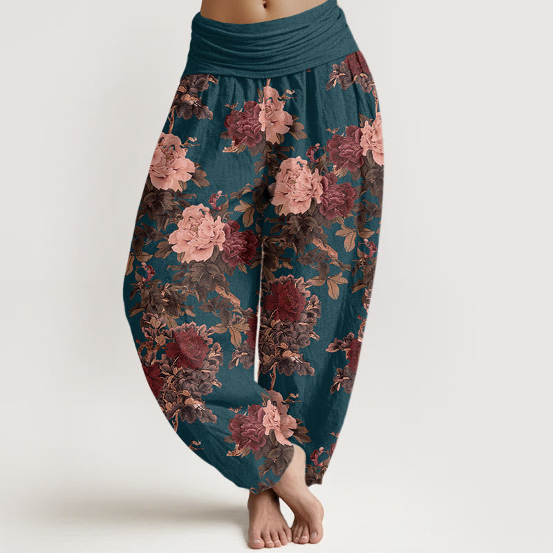 Buddha Stones Cotton Casual Lush Peony Flowers Leaf Pattern Women's Elastic Waist Harem Pants - SteelBlue - US22，UK/AU26，EU54 (6XL) - image 7