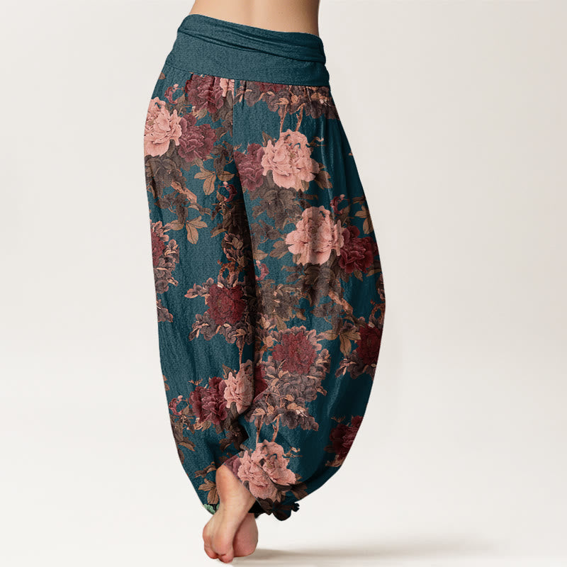 Buddha Stones Cotton Casual Lush Peony Flowers Leaf Pattern Women's Elastic Waist Harem Pants - image 9