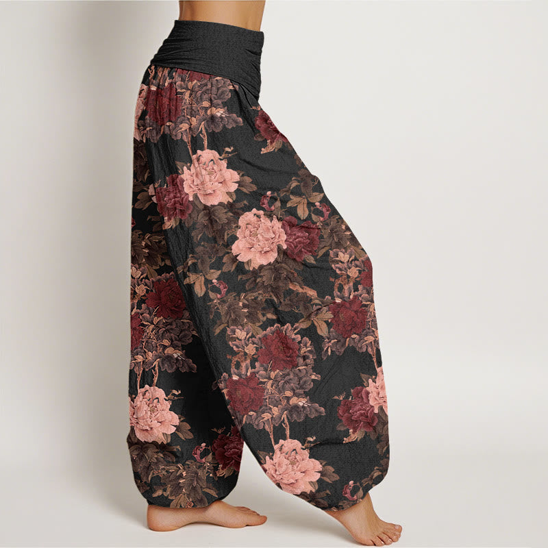 Buddha Stones Cotton Casual Lush Peony Flowers Leaf Pattern Women's Elastic Waist Harem Pants - image 1