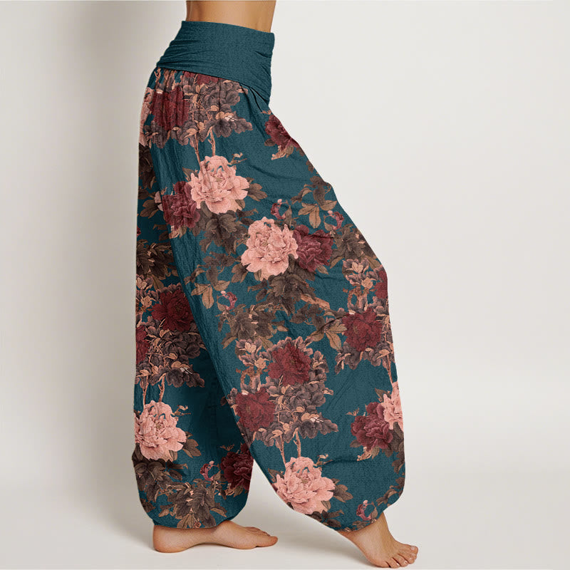 Buddha Stones Casual Lush Peony Flowers Leaf Pattern Women's Elastic Waist Harem Pants - image 9