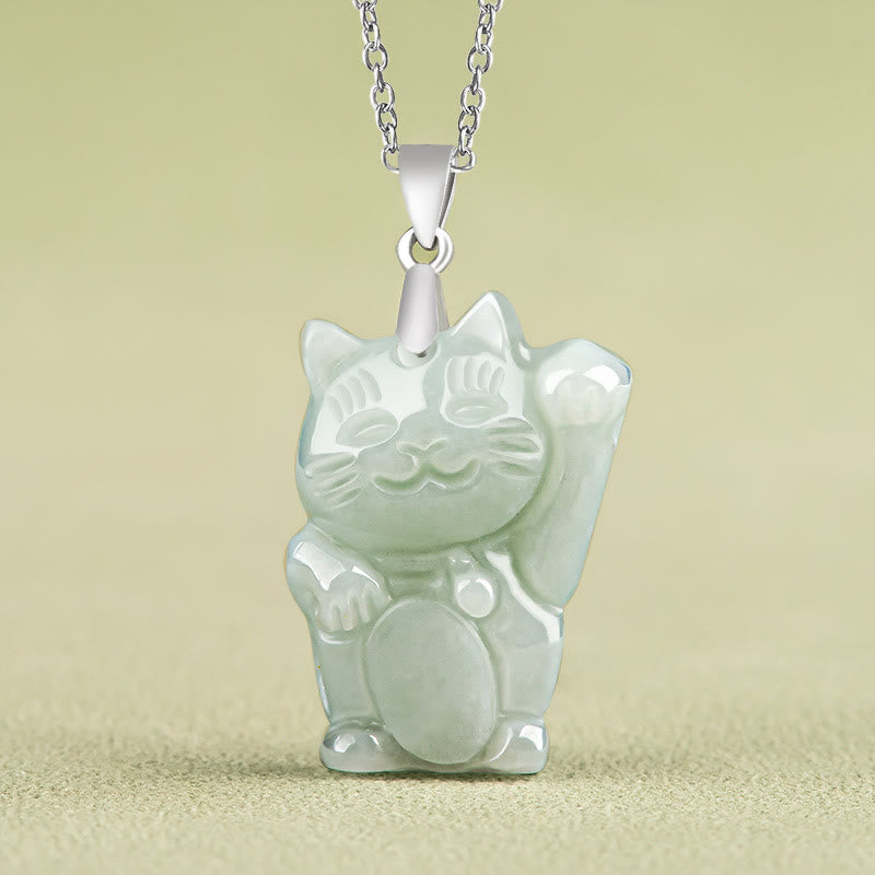 Buddha Stones Jade Fortune Cat Prosperity Titanium Steel Necklace Pendant - Jade - image 0