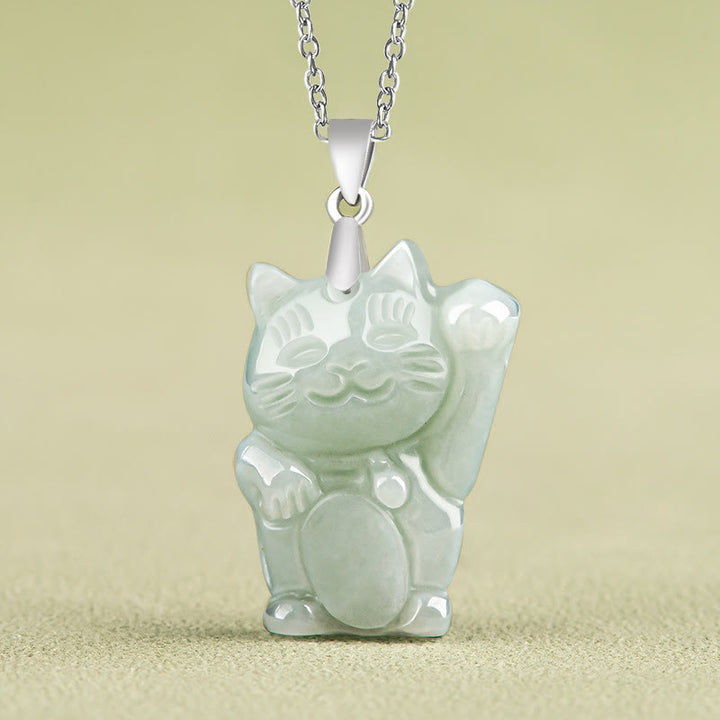 Buddha Stones Jade Fortune Cat Prosperity Titanium Steel Necklace Pendant - Jade - image 0