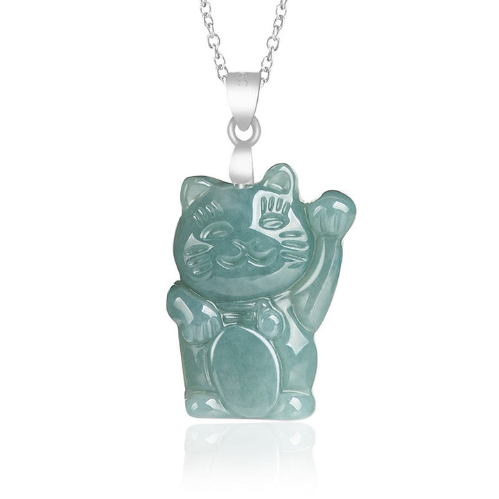 Buddha Stones Natural Jade Lucky Cat Abundance Titanium Steel Necklace Pendant - Jade - image 0