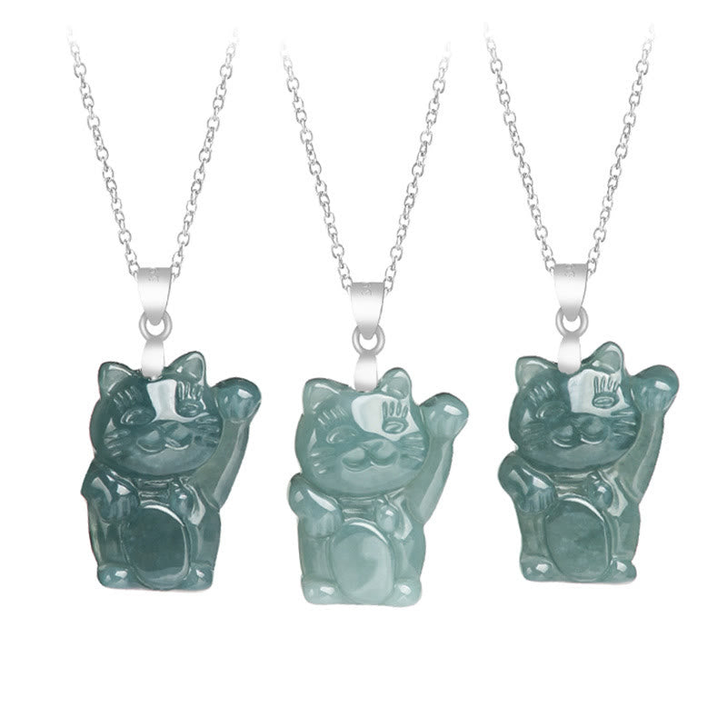 Buddha Stones 925 Sterling Silver Natural Jade Lucky Cat Abundance Necklace Pendant - image 7