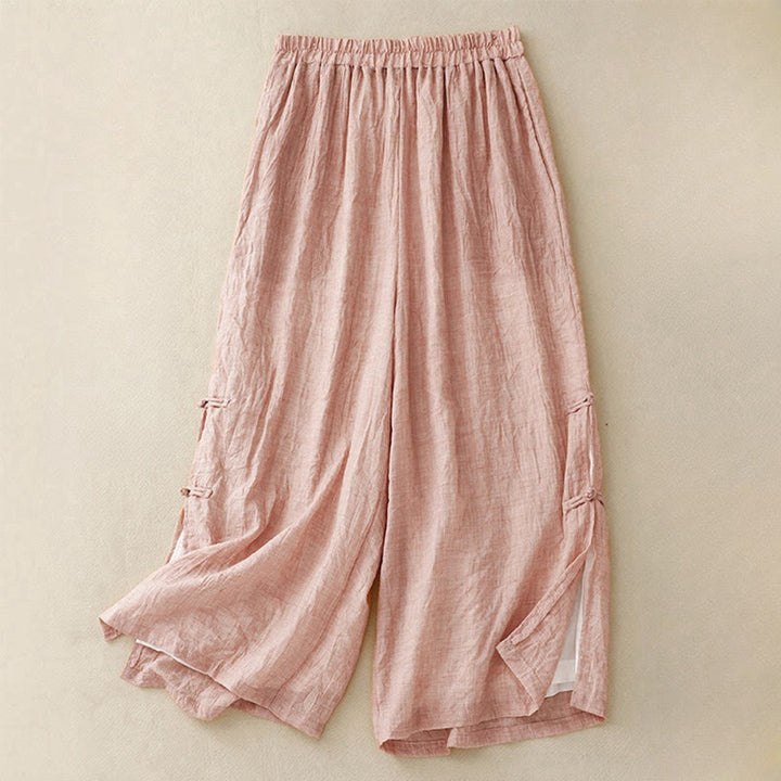Buddha Stones Casual Plain Color Chinese Frog Button Cotton Linen Women's Wide Leg Pants - LightPink - US8-10，UK/AU12-14，EU40-42 (2XL) - image 0