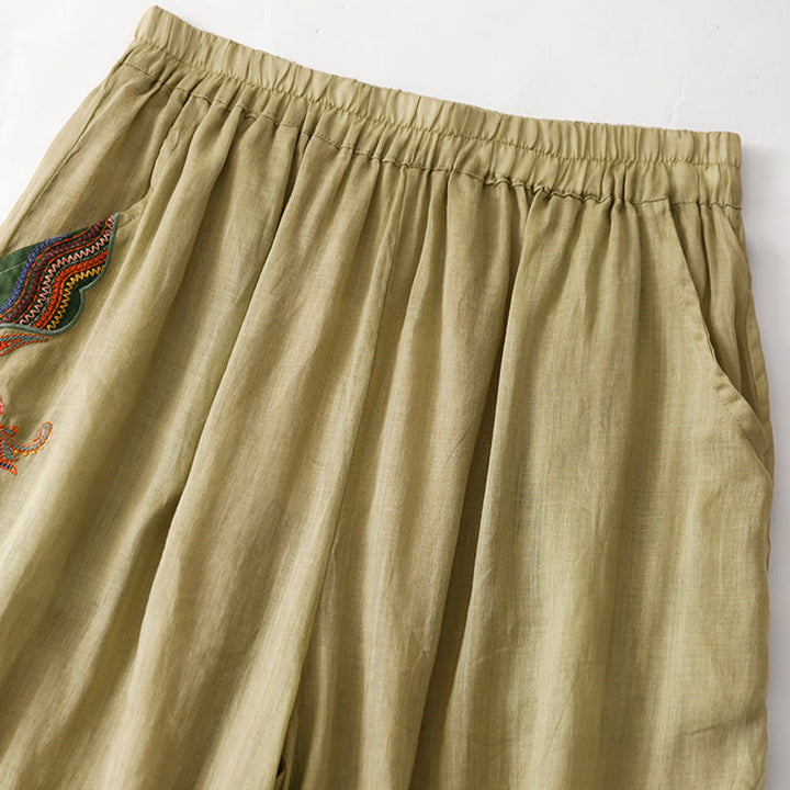 Buddha Stones Summer Embroidery Double Layer Cotton Linen Women's Wide Leg Pants With Pockets - image 1
