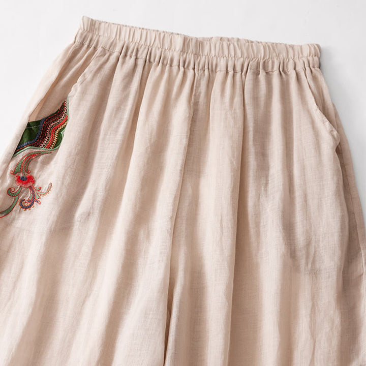 Buddha Stones Summer Embroidery Double Layer Cotton Linen Women's Wide Leg Pants With Pockets - image 18