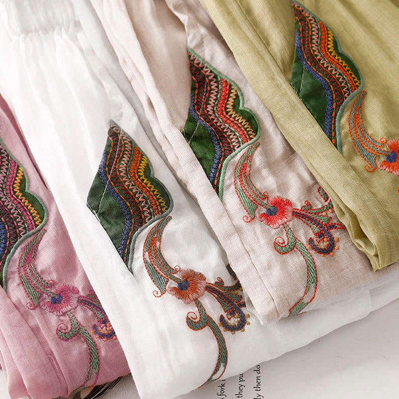 Buddha Stones Summer Embroidery Double Layer Cotton Linen Women's Wide Leg Pants With Pockets - image 32