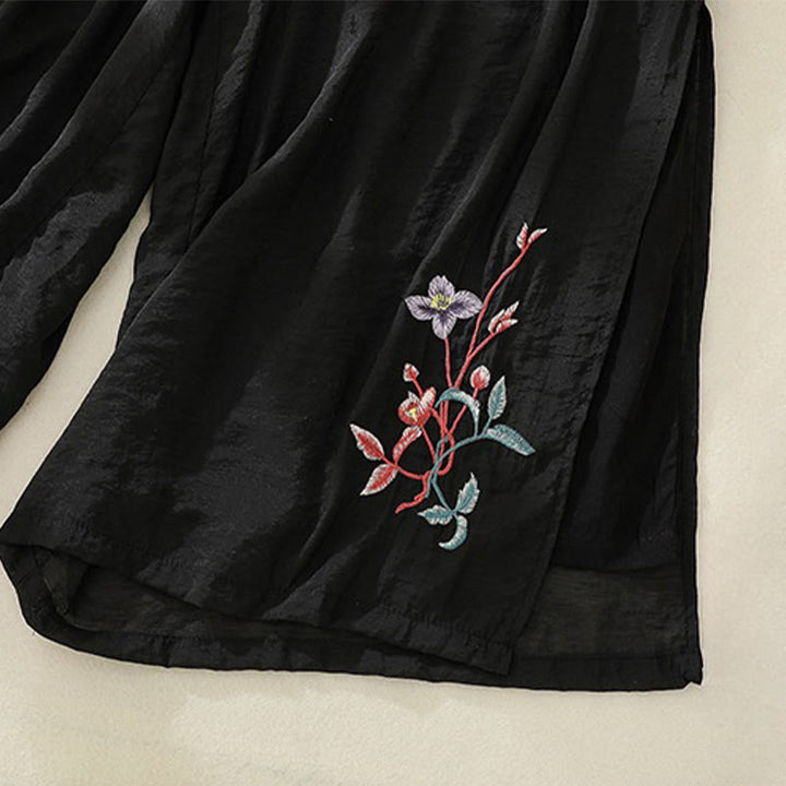 Buddha Stones Artistic Embroidery Flower Double Layer Chinese Frog Button Split Women's Wide Leg Pants - image 16
