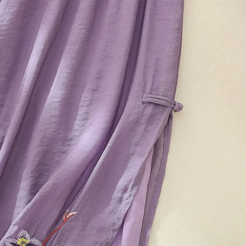 Buddha Stones Artistic Embroidery Flower Double Layer Chinese Frog Button Split Women's Wide Leg Pants - image 13