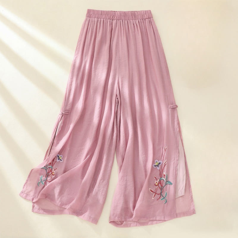 Buddha Stones Artistic Embroidery Flower Double Layer Chinese Frog Button Split Women's Wide Leg Pants - PaleVioletRed - US8-10，UK/AU12-14，EU40-42 (2XL) - image 0