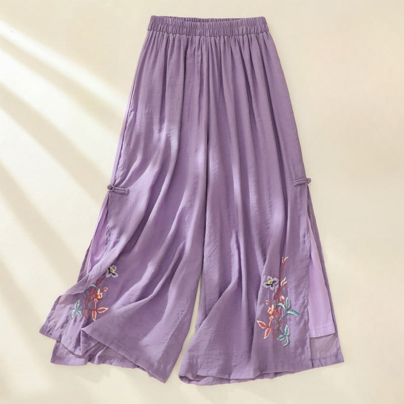 Buddha Stones Artistic Embroidery Flower Double Layer Chinese Frog Button Split Women's Wide Leg Pants - MediumOrchid - US8-10，UK/AU12-14，EU40-42 (2XL) - image 10