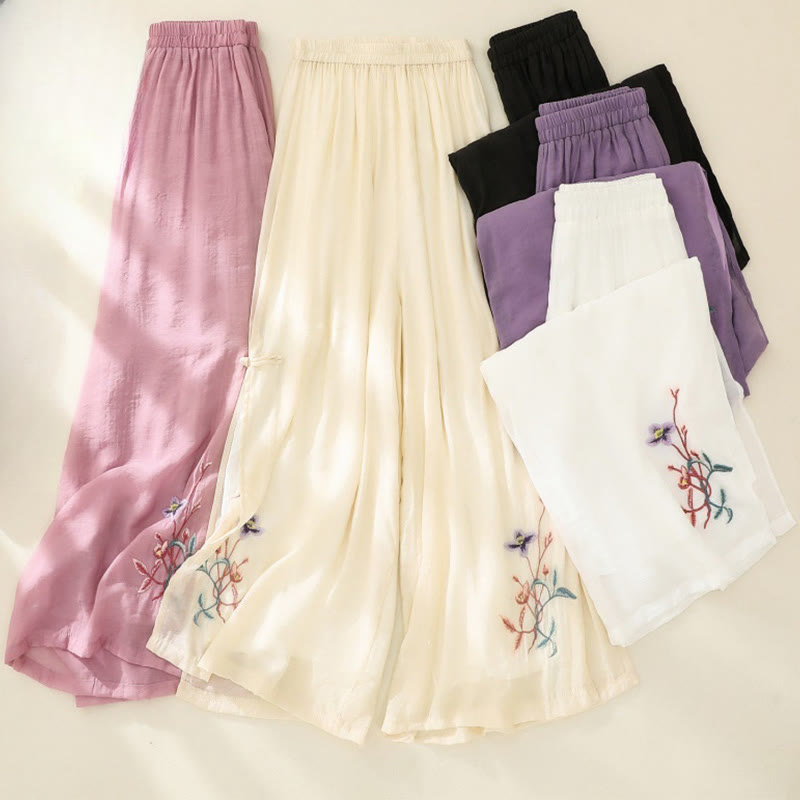 Buddha Stones Artistic Embroidery Flower Double Layer Chinese Frog Button Split Women's Wide Leg Pants - image 18