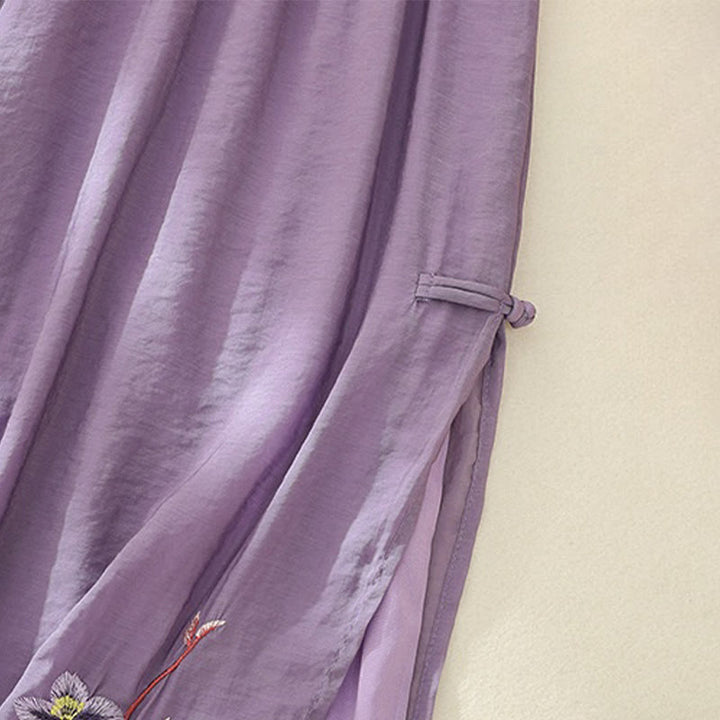 Buddha Stones Artistic Embroidery Flower Double Layer Chinese Frog Button Split Cotton Linen Women's Wide Leg Pants - image 13