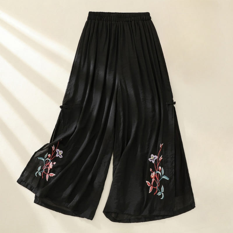 Buddha Stones Artistic Embroidery Flower Double Layer Chinese Frog Button Split Women's Wide Leg Pants - Black - US8-10，UK/AU12-14，EU40-42 (2XL) - image 14