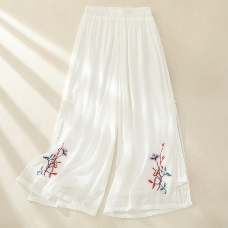 Buddha Stones Artistic Embroidery Flower Double Layer Chinese Frog Button Split Women's Wide Leg Pants - White - US8-10，UK/AU12-14，EU40-42 (2XL) - image 3