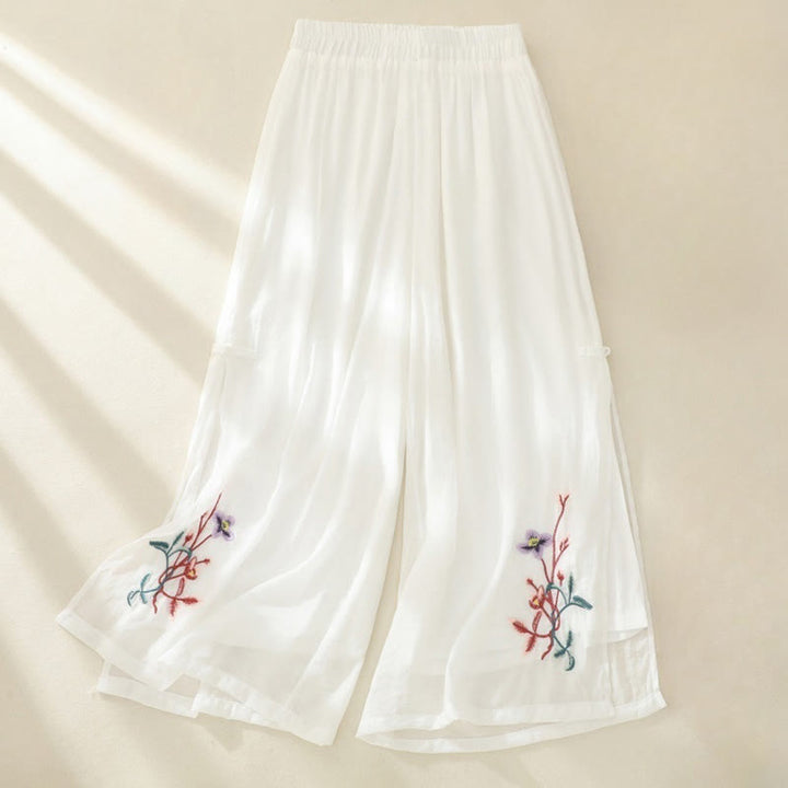 Buddha Stones Artistic Embroidery Flower Double Layer Chinese Frog Button Split Women's Wide Leg Pants - White - US8-10，UK/AU12-14，EU40-42 (2XL) - image 3