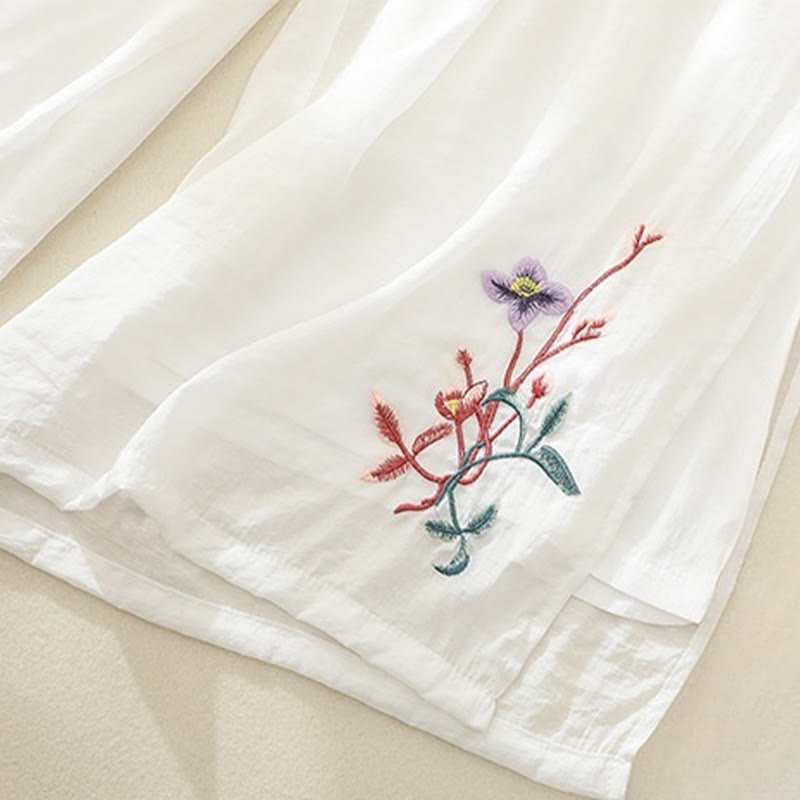 Buddha Stones Artistic Embroidery Flower Double Layer Chinese Frog Button Split Cotton Linen Women's Wide Leg Pants