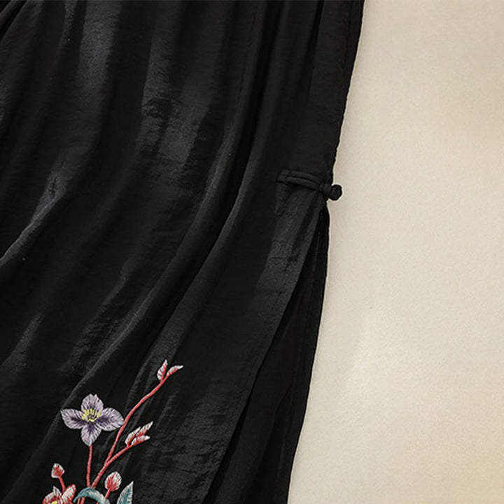 Buddha Stones Artistic Embroidery Flower Double Layer Chinese Frog Button Split Women's Wide Leg Pants - image 17