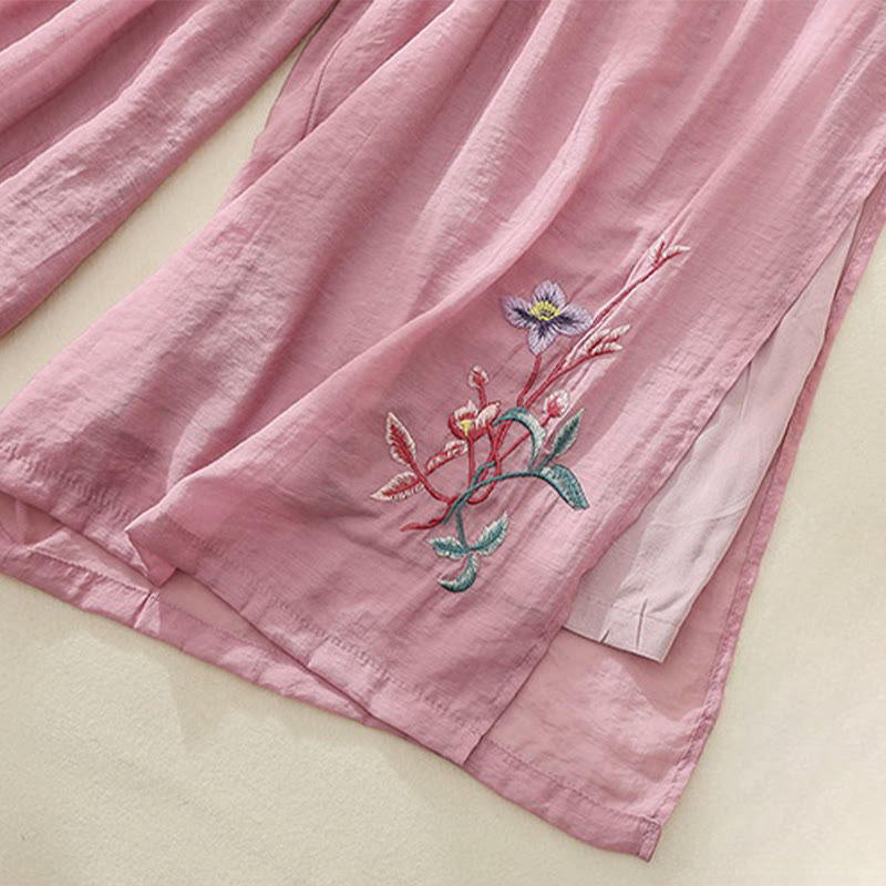 Buddha Stones Artistic Embroidery Flower Double Layer Chinese Frog Button Split Women's Wide Leg Pants - image 2
