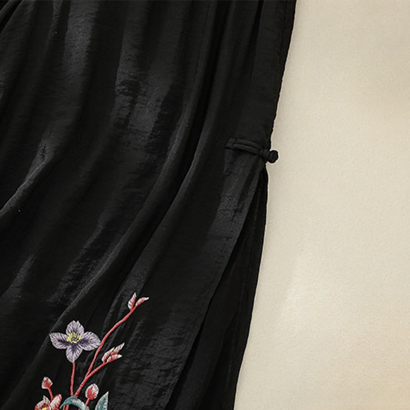 Buddha Stones Artistic Embroidery Flower Double Layer Chinese Frog Button Split Cotton Linen Women's Wide Leg Pants - image 17