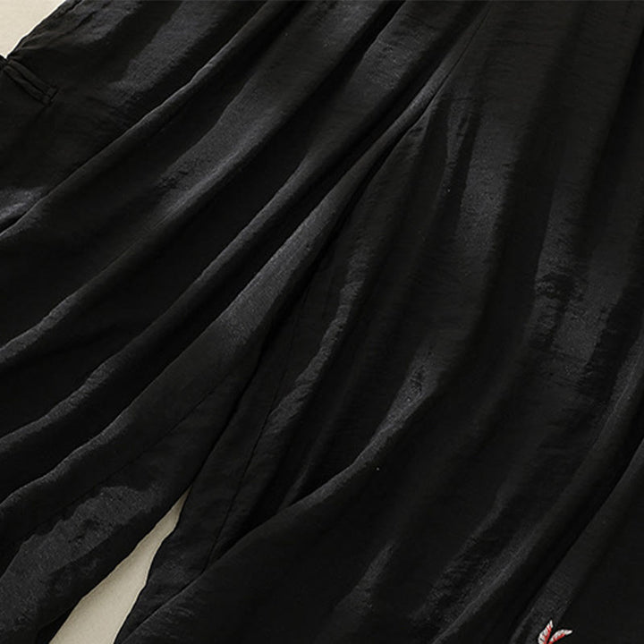 Buddha Stones Artistic Embroidery Flower Double Layer Chinese Frog Button Split Cotton Linen Women's Wide Leg Pants - image 15