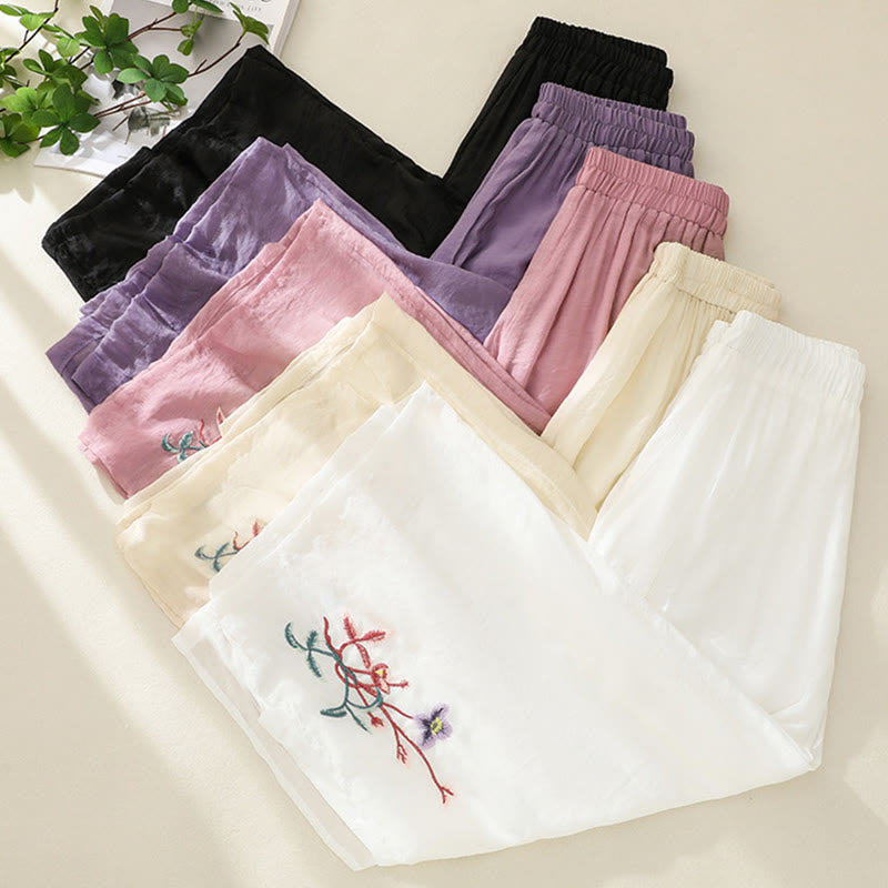 Buddha Stones Artistic Embroidery Flower Double Layer Chinese Frog Button Split Women's Wide Leg Pants - image 19
