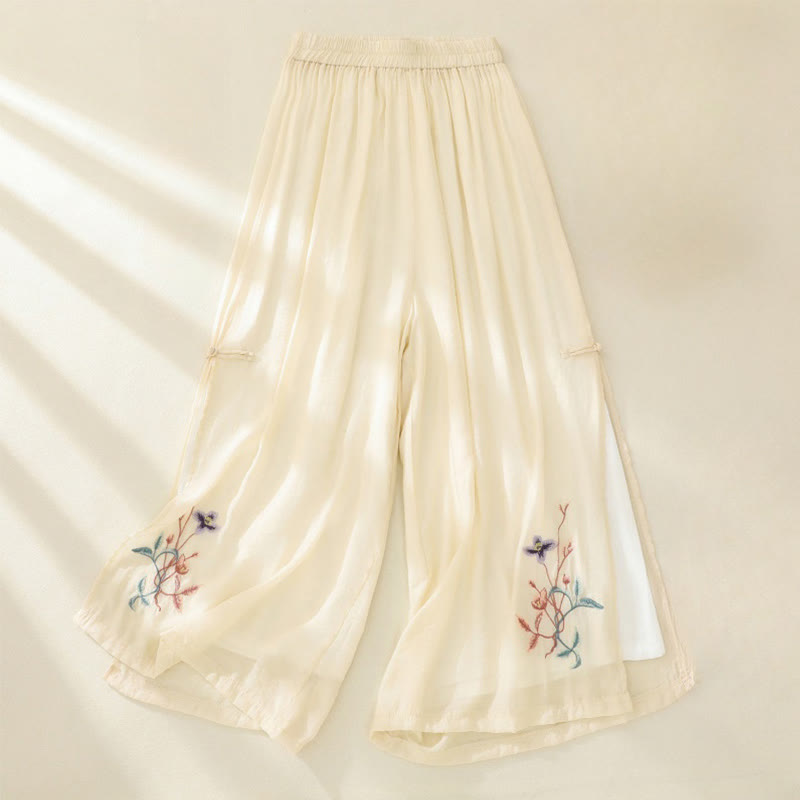 Buddha Stones Artistic Embroidery Flower Double Layer Chinese Frog Button Split Cotton Linen Women's Wide Leg Pants - LightGoldenrodYellow - US8-10，UK/AU12-14，EU40-42 (2XL) - image 6