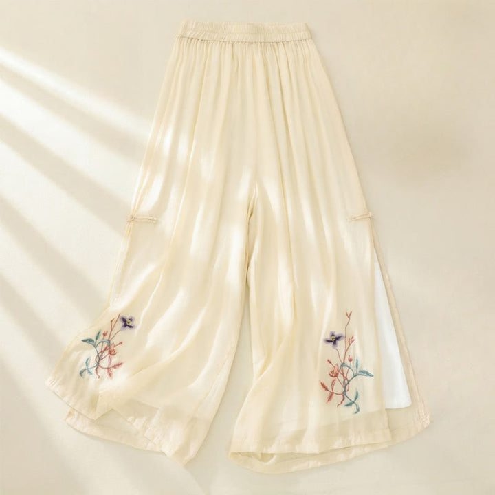 Buddha Stones Artistic Embroidery Flower Double Layer Chinese Frog Button Split Cotton Linen Women's Wide Leg Pants - LightGoldenrodYellow - US8-10，UK/AU12-14，EU40-42 (2XL) - image 6