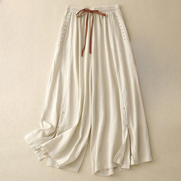 Buddha Stones Casual Simple Design Drawstring Split Cotton Linen Women's Wide Leg Pants With Pockets - Beige - US8-10，UK/AU12-14，EU40-42 (2XL) - image 5