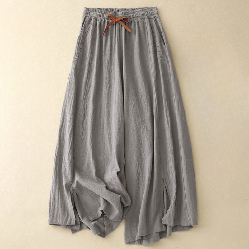 Buddha Stones Casual Simple Design Drawstring Split Cotton Linen Women's Wide Leg Pants With Pockets - LightSlateGray - US8-10，UK/AU12-14，EU40-42 (2XL) - image 15